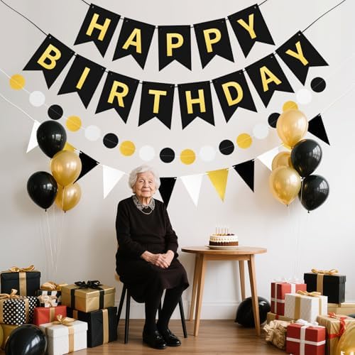 Black Gold Happy Birthday Banner Hanging Sign Circle Dot Triangle Bunting - Image 3