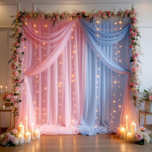 Gallety Tulle Backdrop Curtain with String Lights, 10x8ft Sheer Blue and Pink Backdrop Curtain for Photography, Gender Reveal, Twin Baby Shower, Wedding, Birthday, Baptism, Spring Decorations - Image 5