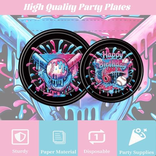 Baseball Drip Birthday Party Decorations - 96 Pcs Baseball Ice Cream Drip Plates Napkins Forks Tableware Set, Black and Pink Ice Cream Drip Dinnerware for Boys Girls Serve 24 - Image 4