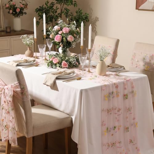 Pink Floral Gauze Table Runner 6pcs 10ft Embroidery Tulle Spring Decor - Image 3