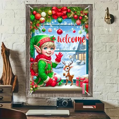 BlissYard Elf Reindeer Christmas Window Banner Fabric 31x47 Inch - Image 2