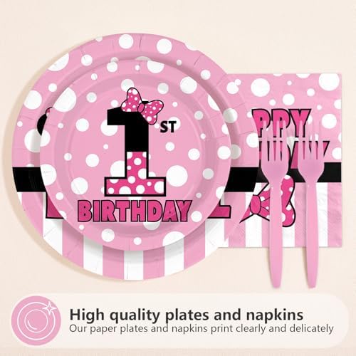 96Pcs Pink Mouse One Year Old Birthday Decorations, Serves 24 - Image 2