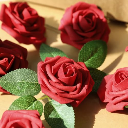 AmyHomie Dark Red Rose 50pcs Real Looking Artificial Flowers w/Stem - Image 4