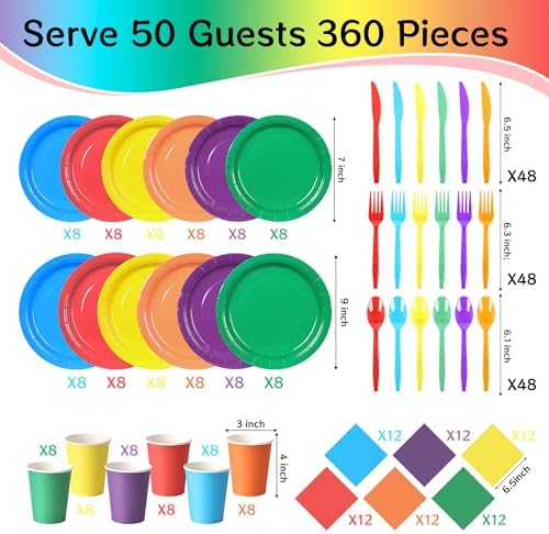 360 Pcs Rainbow Disposable Plates and Napkins Tableware Set for 50 Guests - Image 2