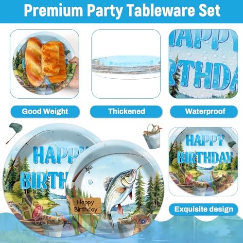 96Pcs Gone Fishing Party Plates Napkins Ofishally Birthday Supplies Fishing Birthday Paper Dessert Cake Plates Tropical Fish Tableware Sets for Kids Boys 24 Guests Birthday Party Decorations - Image 3