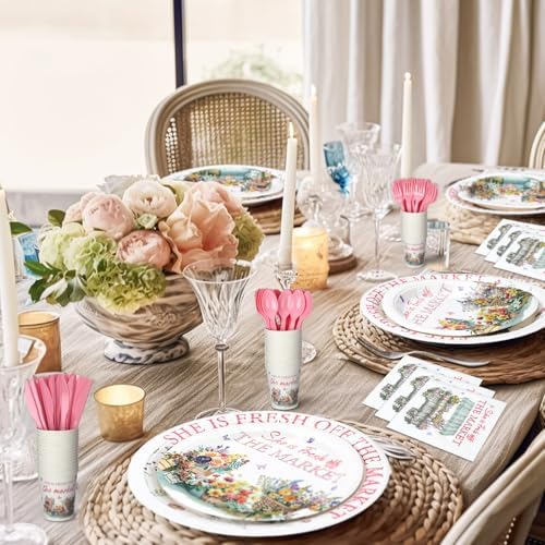 Yungyan 252 Pcs She Is Fresh off the Market Bridal Shower Party Tableware Set Included Plates Napkins Cups Forks Knives Cutlery for Party Decorations Supplies 36 guests - Image 3