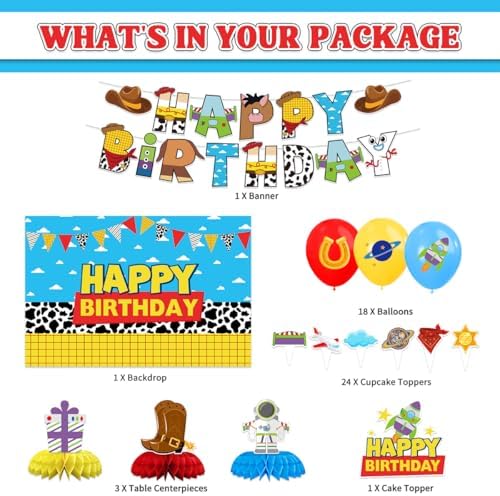 Toy Cartoon Birthday Party Decorations Toy Themed Party Supplies Include Happy Birthday Banner, Backdrop, Balloons, Cake Topper, Honeycomb - Image 3