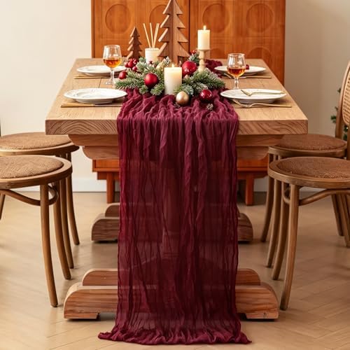 3Pcs Burgundy Table Runner, 10FT Boho Rustic Burgundy Maroon Table Runner 120inch Cheese Cloth Red Runner for Wedding Christmas Birthday Holiday Party Decorations - Image 4