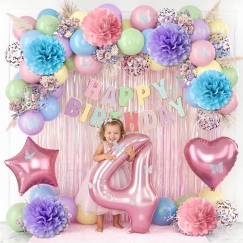 Pastel 4th Birthday Colorful Party Decorations Girls Pink Number 4 Balloon - Image 2