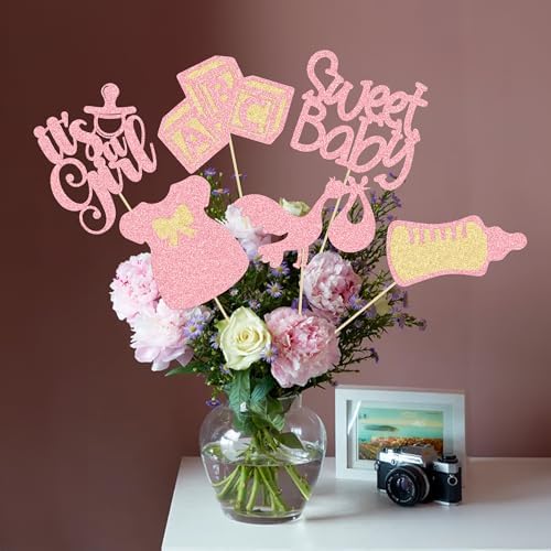 Gyufise 12Pcs Baby Shower Centerpiece Sticks Glitter Tie Onesie Oh Baby Gender Reveal It's a Girl Table Centerpiece Sticks for Baby Shower Gender Reveal Kids Birthday Party Supplies Pink - Image 4