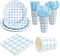 168Pcs Gingham Party Supplies for 24 Guests Thick Paper Plates and Napkins Knives Spoons Forks Cups Disposable Party Set Cutlery for Dinner Baby Shower Wedding Favor(Blue) by Unknown