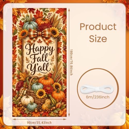 Happy Fall Y'all Door Banner 35x71 Inch Autumn Harvest Front Door Cover Decor with Pumpkins Sunflowers Maple Leaves Corn Wheat Farmhouse Hanging Flag for Porch Yard Thanksgiving Outdoor Decor - Image 2