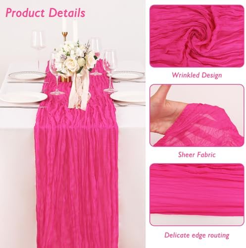1 Pack Hot Pink Cheesecloth Table Runner 120 Inch Boho Wedding Decor - Image 3