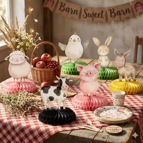 12 Pcs Farm Baby Shower Decorations - Barnyard Farm Animal Party Supplies - Cow Pig Chicken Horse Tractor Centerpieces for Tables - Farm Honeycomb Table Decor for Baby Shower and 1st Birthday - Image 6