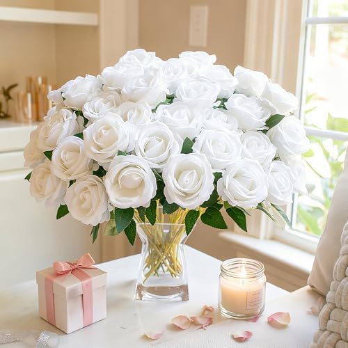 50 PCS White Roses Artificial Flowers, Fake Roses with Stems Realistic Silk Roses for DIY Wedding Bouquets Tables Centerpieces Arrangements Party Baby Shower Birthday Home Decor Christmas Gift for Her - Image 4
