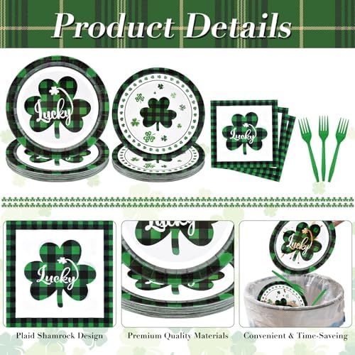 96 Pieces St. Patrick’s Day Tableware Set – Green and Black Plaid Shamrock Disposable Plates, Napkins, and Forks for Irish Party, Lucky Clover Celebration St. Paddy’s Day Dinner – Serves 24 Guests - Image 3