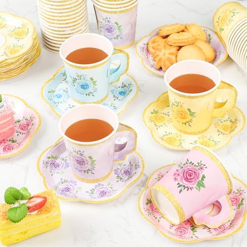 48 Sets Floral Paper Tea Cups and Saucers Disposable Tea Party Supplies Colorful Flower Teacups with Handle and Plates for Hot Cold Drink Wedding Birthday Party Baby Shower - Image 4