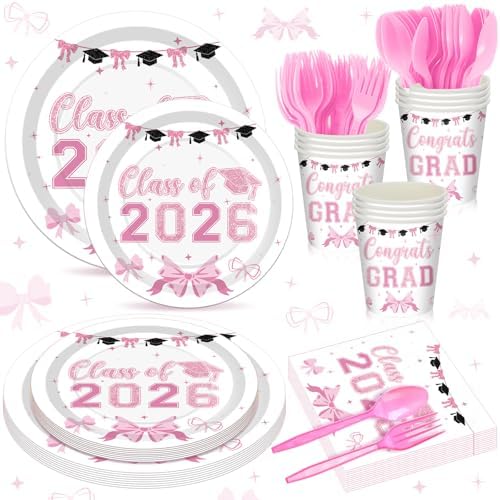 168 Pink Graduation Decor Pink Bow Class of 2026 Party Supplies by Sunnychicc