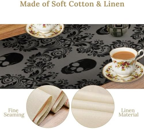 Gothic Black Damask Table Runner, Vintage Floral Exotic Suger Skull Bone Skeleton Bohemian Antique Victorian Baroque Dinner Runner for Farmhouse Party Holiday Home Kitchen Dining Table Decor 13"x36" - Image 5