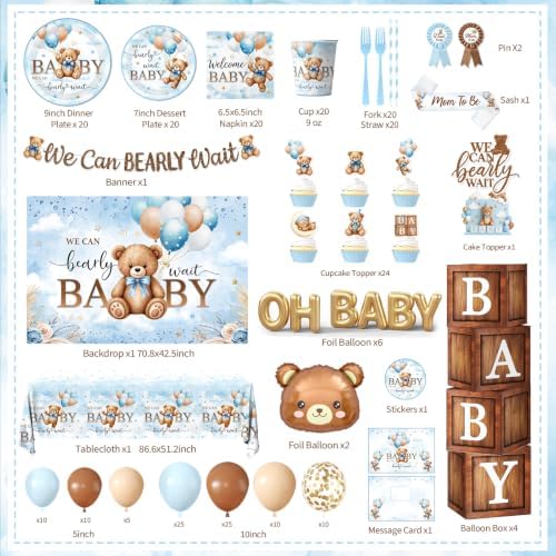 Blue Bear Baby Shower Decorations - 259Pcs Bear Themed Tableware Balloon Arch Kit for Baby Shower Boy - Image 4