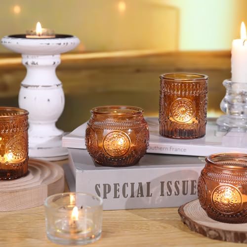 DARJEN 12Pcs Amber Votive Candle Holders - Vintage Glass Candle Holders for Flameless LED Tea Waxes, Tealight Candle Holder for Wedding & Home Table Decor, Vintage Parties - Image 2