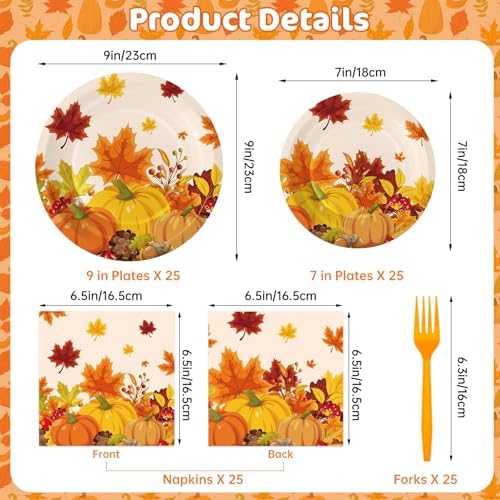 100 Pcs Thanksgiving Plates and Napkins Sets - Fall Pumpkin Maple Leaf Round Tableware, Disposable Thanksgiving Paper Plates and Napkins Forks for Thanks giving Party Supplies Table Decor, Serves 25 - Image 3