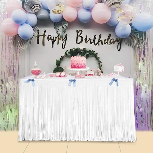6 PCS White Metallic Foil Fringe Tinsel Table Skirts 9 Feet x 29.5 Inch - Image 5