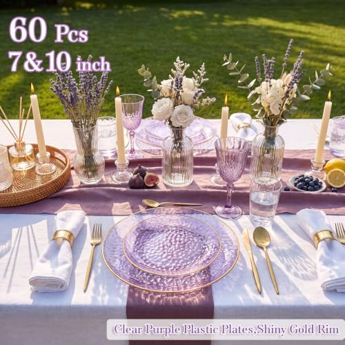 Rubtlamp 60Pcs Clear Purple Gold Plastic Plates, Purple Disposable Plates With Gold Rim, Hammered Plastic Plates Include 30 Clear Dessert Plates, 30 Dinner Plates for Party - Image 3