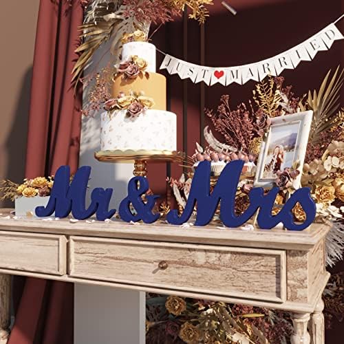 VIOPVERY Wooden Mr & Mrs Wedding Sign with Just Married Banner,Blue - Image 6