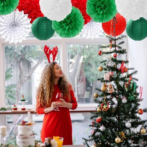 Red Green-White Christmas Party Decorations - 20pcs Mexican Italian Paper Lanterns Fans,Tissue Pom Poms,Honeycomb Balls,Bunting,Birthday Mexico Italy Baby Shower Wedding Decor Burgleda - Image 6