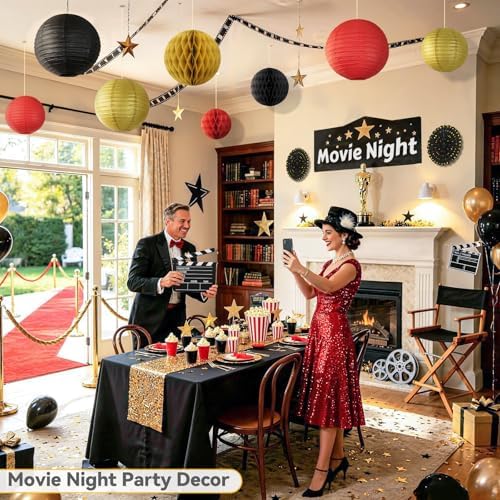 14 Pack Red Black and Gold Party Decorations Kit, Hanging Paper Lanterns & Fans for Casino Night, Red Carpet, Hollywood Theme Party, Game Night, Hibachi Party and Graduation - Image 3