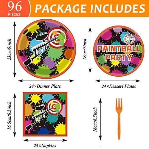 96 Pcs Paintball Birthday Party Supplies Neon Glow Tableware set Paper Plates Napkins Supplies For Paint Ball Gun Shooting Splatter Bomb Buster Splash Rainbow Color Theme Party Favors 24 Guests - Image 2