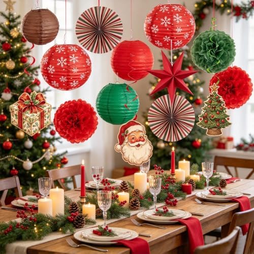 12 Pcs Christmas Paper Hanging Decorations, Vintage Lantern Party Set - Image 6
