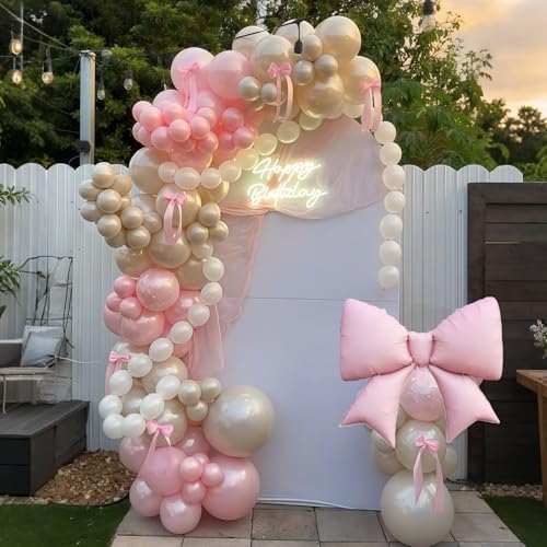 Double Stuffed Pearl White and Pink Balloon Arch Garland Kit, Pearl White Beige with Pink Bow Foil Balloons for Girls Women Wedding Bridal Baby Shower Bachelorette Coquette Birthday Party Decorations - Image 6