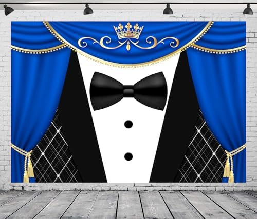 Tuxedo Backdrop 10x8FT Blue Curtain Crown Gentleman Birthday Party Background for Photography, Father or Boss Birthday Party Decorations Banner - Image 5