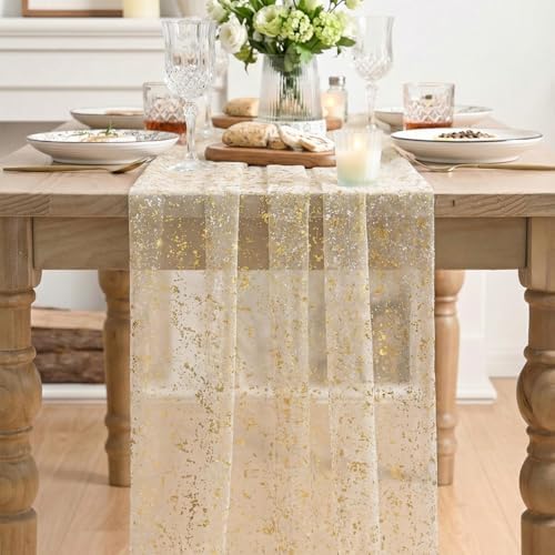 Artoid Mode Gold Gauze Champagne Table Runner 120 Inch 10FT, Glitter Metallic Foil Sheer Dining Wedding Anniversary Holiday Birthday Table Decor for Home Party - Image 2