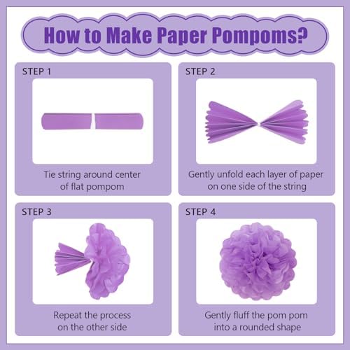 19 Pcs Purple Lilac-Lavender White Party Decorations, Hanging Paper Lanterns, Paper Flowers Fans, Tissue Pom Poms, Floral Backdrop Wall Decor for Birthday Graduation Bridal Shower Wedding Retirement - Image 4