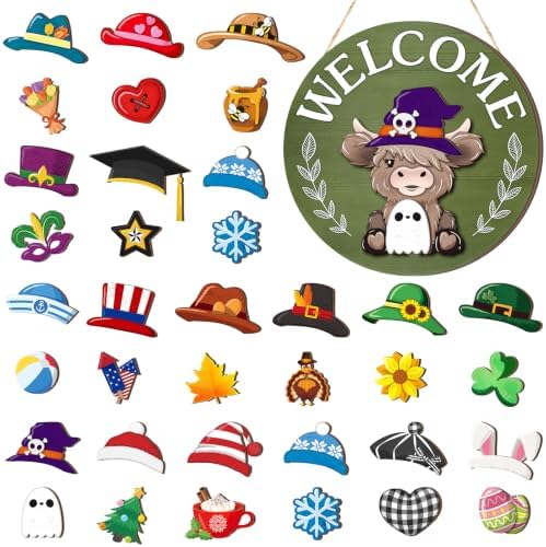 Vicenpal 35 Pcs Fall Interchangeable Highland Cow Welcome Sign, Grass Green by Vicenpal