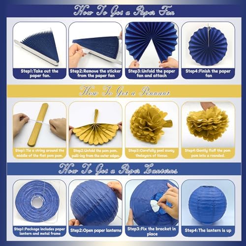 Meiduo 34 Pcs Blue Gold Party Decorations, Paper Fans Lanterns Pom Poms Set - Image 7