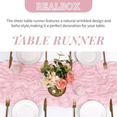 3 Pack Light Pink Cheesecloth Table Runner 17x108 Inch Semi Sheer Boho Gauze Cheese Cloth Fabric Table Runners Table Decor for Wedding Party Baby Shower Birthday Home Decor Garden Farmhouse - Image 4