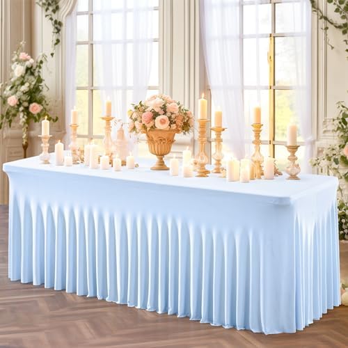 2 Packs Baby Blue Table Clothes for 4 Foot Rectangle Table, Spandex Tablecovers 4FT Stretch Fitted Table Covers Rectangle white Skirt for Baby Shower Birthday Party Event Wedding Banquet Decorations - Image 5