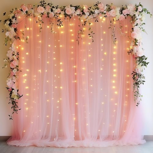 Fomcet Tulle Backdrop Curtains with Lights Peach Sheer Curtain 10x10ft by Fomcet