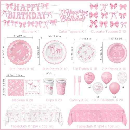 Pink Bow Birthday Decorations Include Plates, Napkins, Cups, Cutlery, Banner, Hanging Swirls, Cake & Cupcake Toppers, Balloons, Tablecloths for Coquette Birthday Decorations, Serves 20 - Image 2