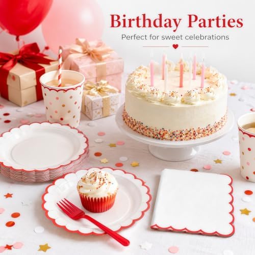 50 Pcs Red and White Paper Plates and Napkins, 7 Inch Disposable Scalloped Plates & Napkins Party Supplies Cake Dessert Plate Tableware for Baby Shower Bridal Shower Wedding Birthday - Image 6