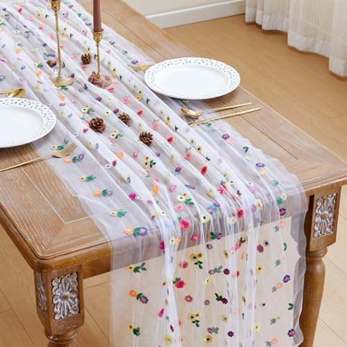 JIALE 3 Pack Ivory Floral Table Runner, Embroidery Daisy Seasonal Table Decorations, 120Inch 10FT Tulle Fabric for Home Decor, Bridal Shower Wedding, Baby Shower Parties, DIY Craft by JIALE