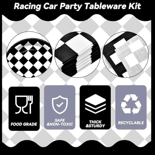 96 Pieces Racing Theme Party Supplies - Black and White Checkered Pattern Disposable Tableware with Paper Plates, Napkins, Forks for Race Car Dirt Bike Birthday Decorations, Sports Events Celebrations - Image 3