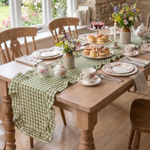 Artoid Mode Green Farmhouse Plaid Gingham Ruffle Table Runner, Seasonal Scalloped Spring Kitchen Dining Table Decoration for Home Party Decor 13x48 Inch - Image 6