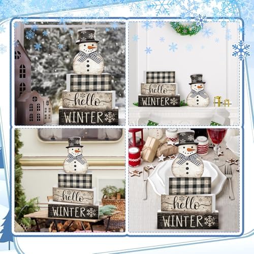 Moucuny 4 Pcs Winter Snowman Tiered Tray Decor Wooden Block Signs - Image 4