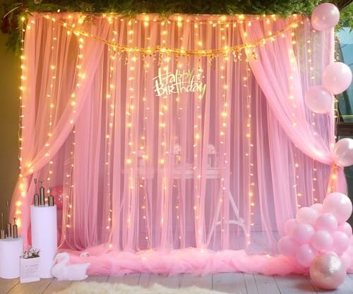 10ft x 10ft Pink Tulle Photo Backdrop Curtain with Lights String for Parties Wedding Sheer Baby Pink Curtain Backdrop for Birthday Party Baby Shower Photo Booth Photography Background Decorations - Image 2
