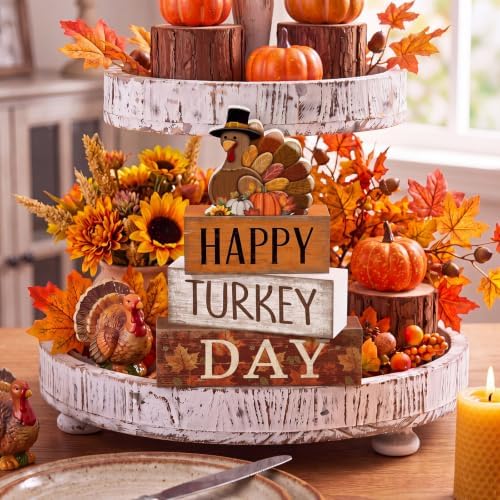 Moucuny 4 Pcs Fall Table Decor Wooden Signs Happy Turkey Day Blocks - Image 5